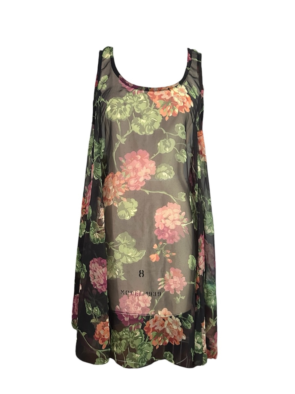 Vintage 1990s Betsey Johnson Sheer Floral Trapeze Dress Geranium Print M